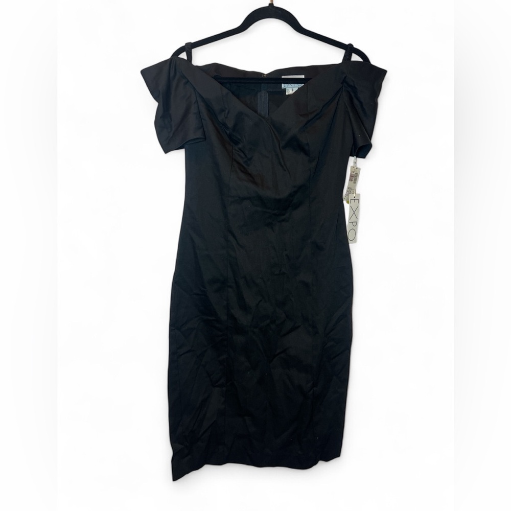 Vintage 80s Expo Little Black Dress Cocktail Off Shoulder 100% Cotton Jackie O 6